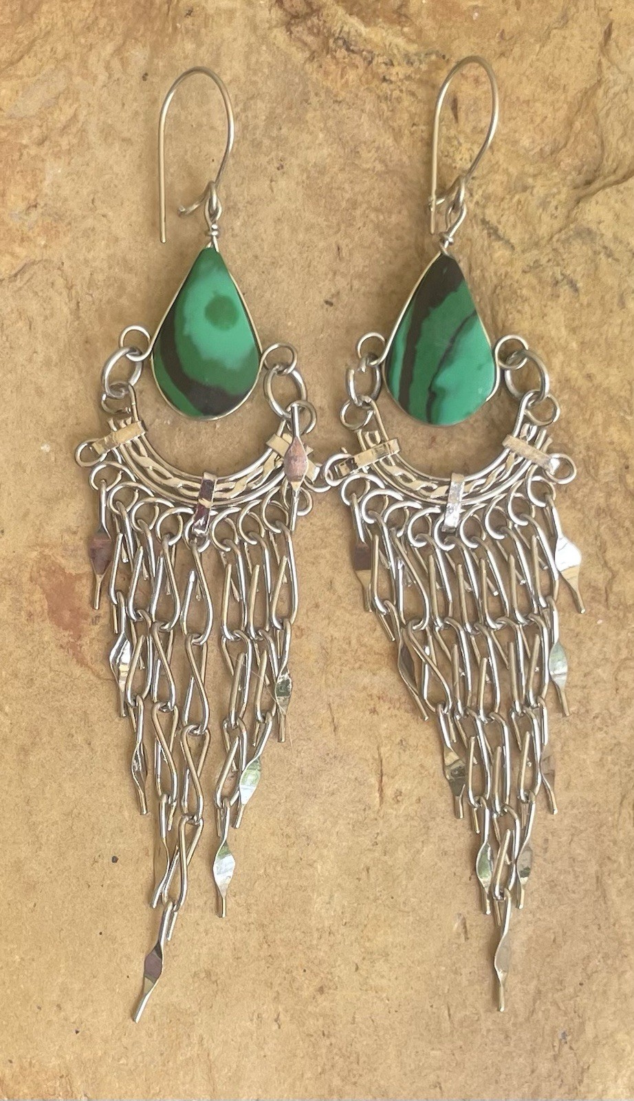 Peruvian Green Malachite Semi-Precious Stone Dangle Earrings Handmade Boho Peru
