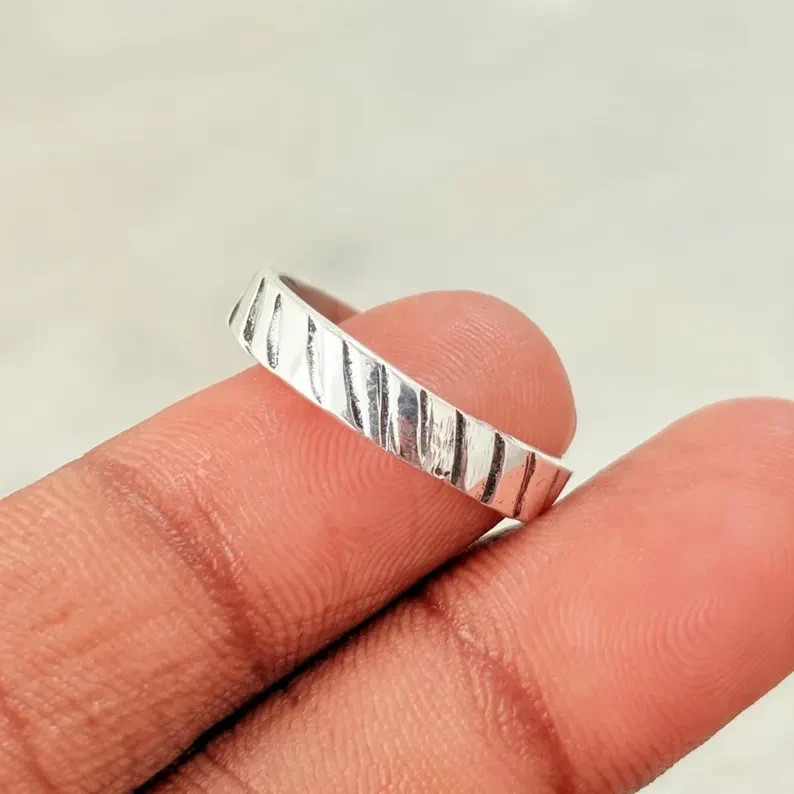 Handmade Sterling Silver Engraved Ring | Minimalist Diagonal Line Band All size