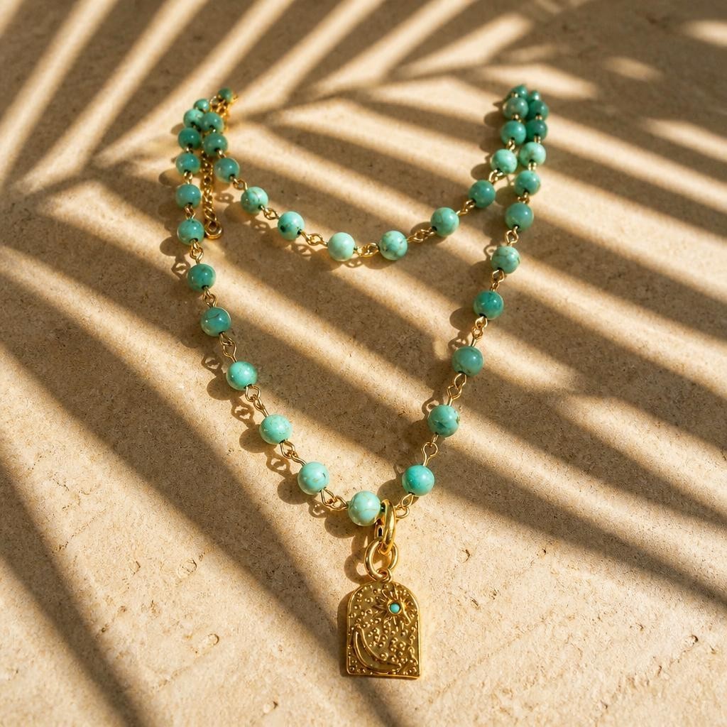 Turquoise Beaded Necklace Gold Celestial Moon Sun Pendant Statement Boho