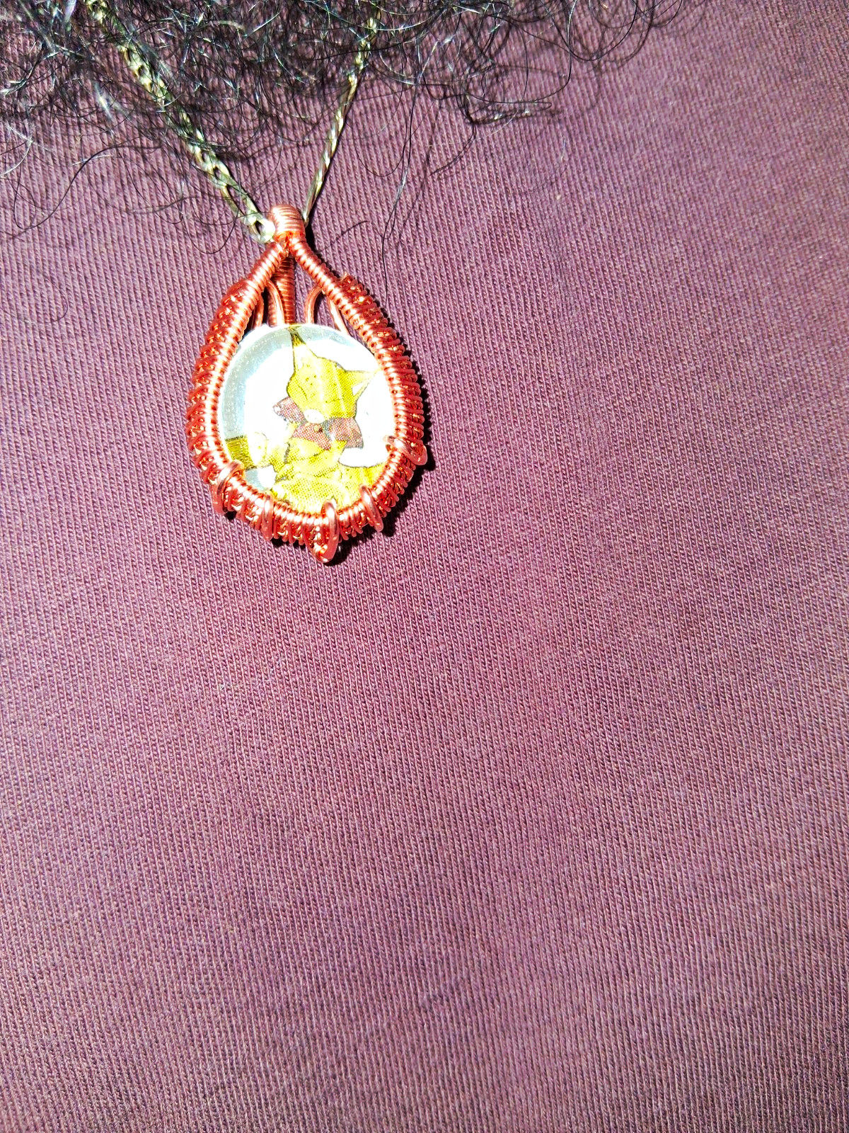 Handcrafted Copper Wire Wrapped Oval Pendant Cord Necklace Art