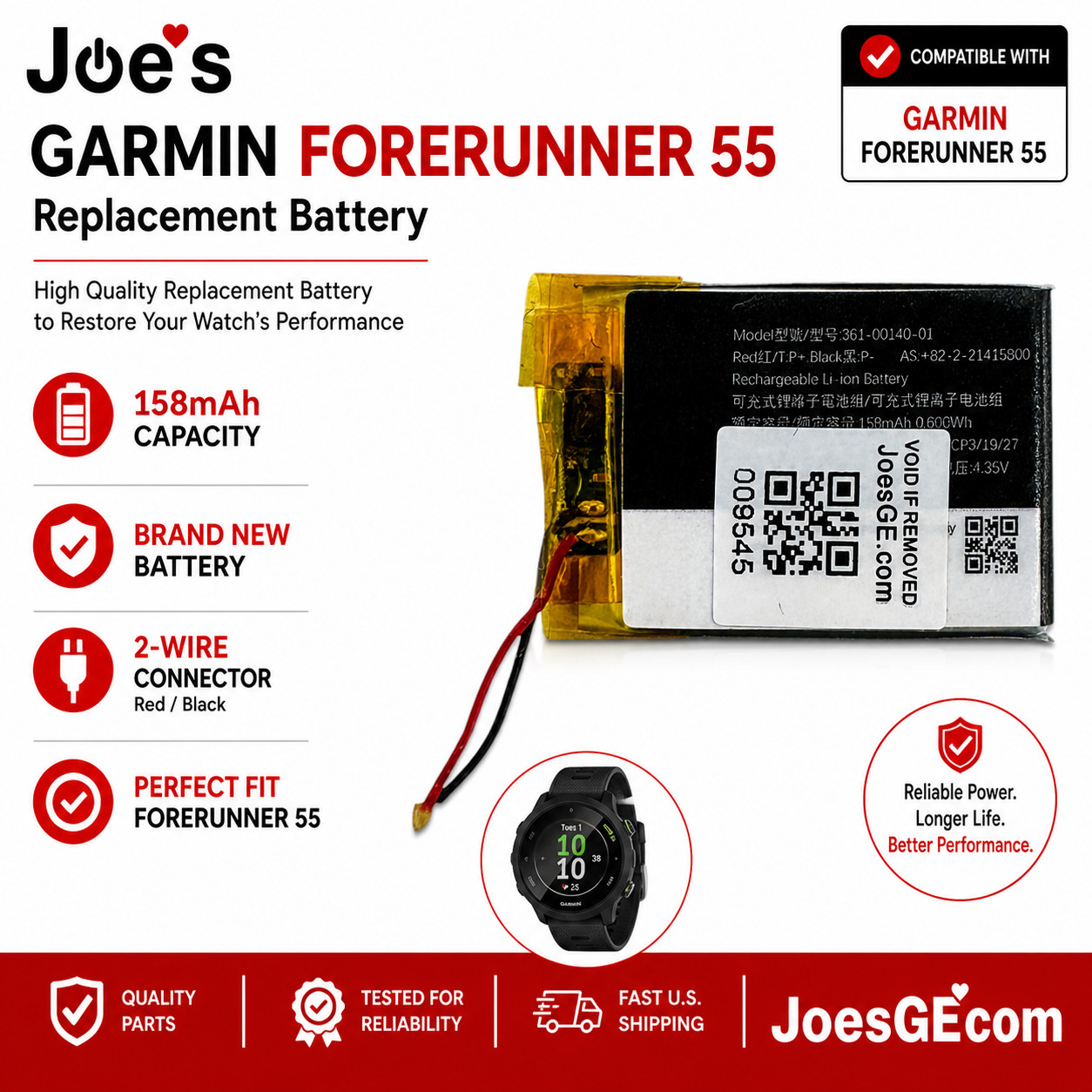 NEW Garmin Forerunner 55 Battery 158mAh 361-00140-01 Replacement Repair Parts