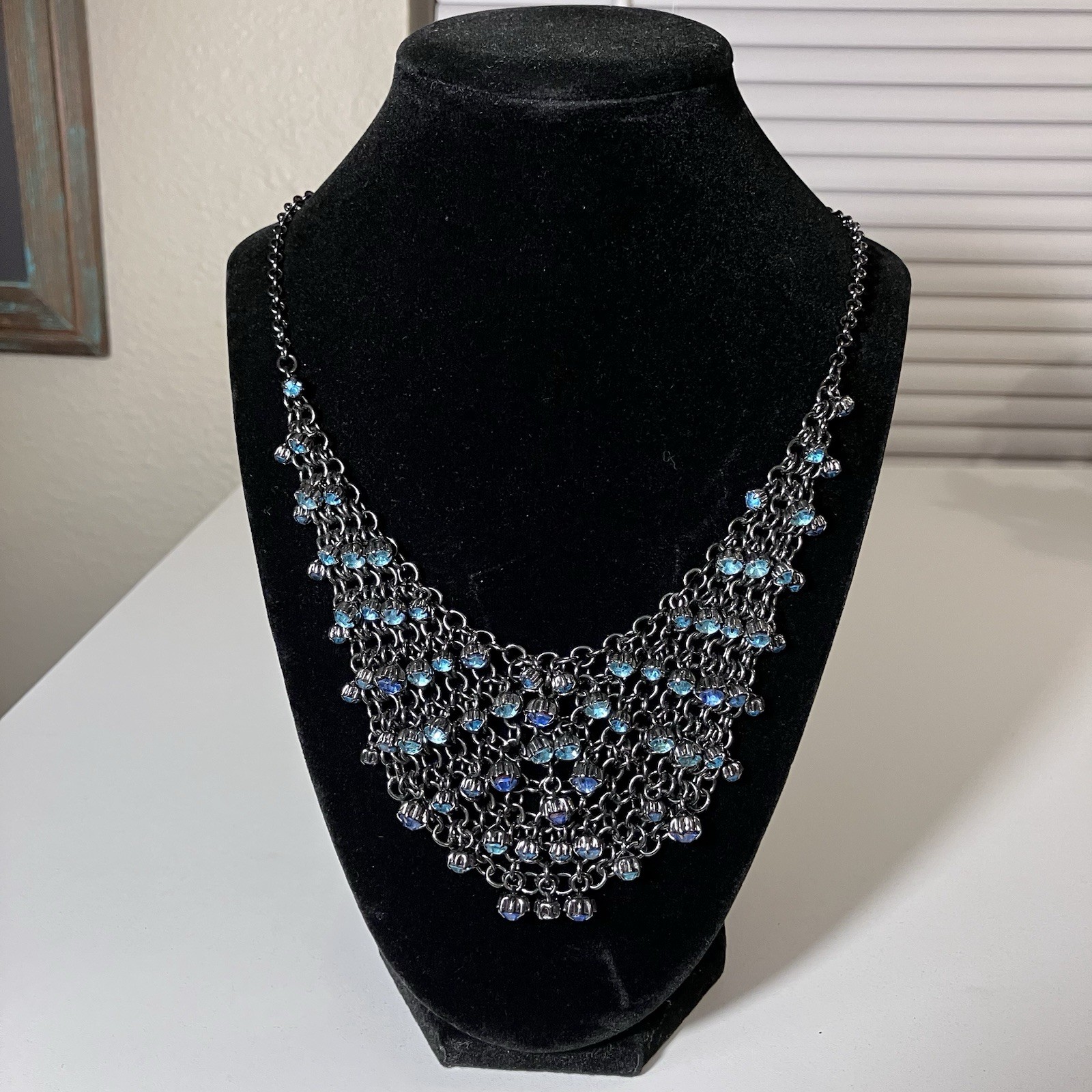 New York & Company Blue Rhinestone Chainmail Bib Statement Necklace Gunmetal