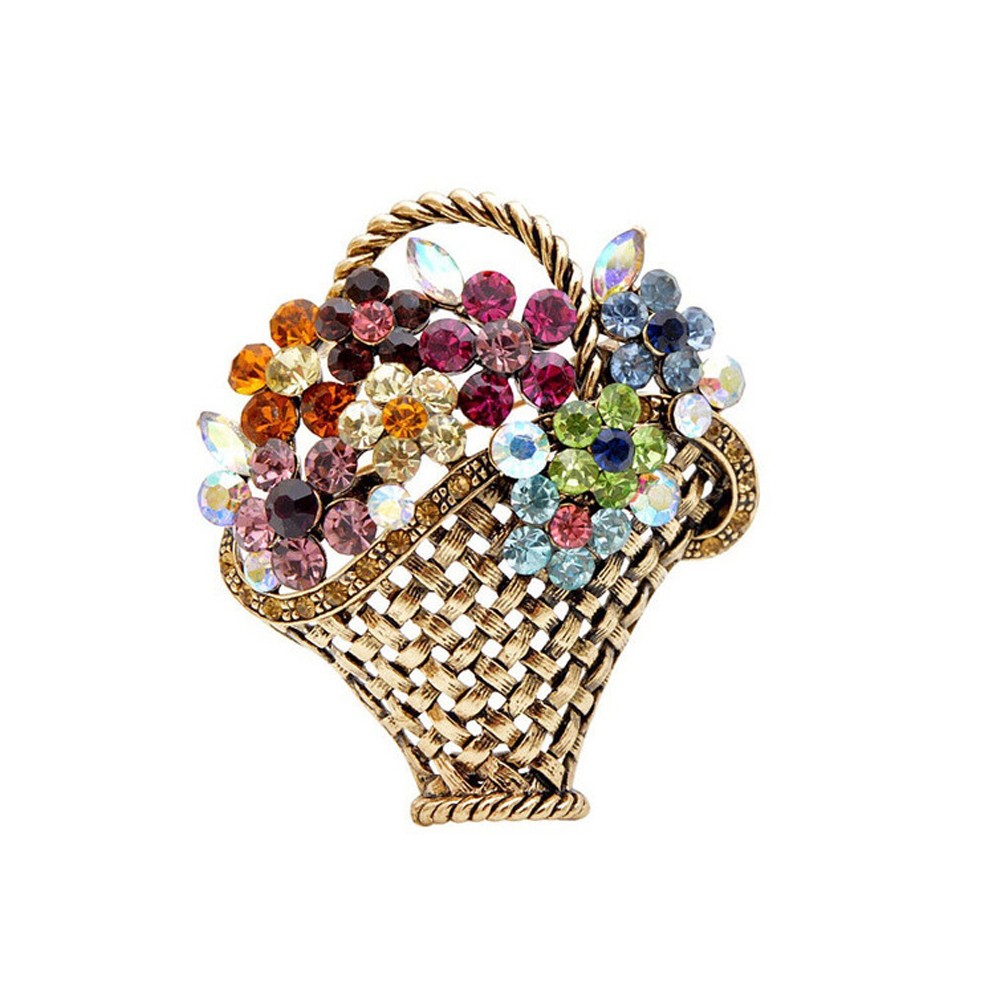 Flower Basket Bouquet Brooch Pin with Rhinestones Gold Tone Metal Vintage Style