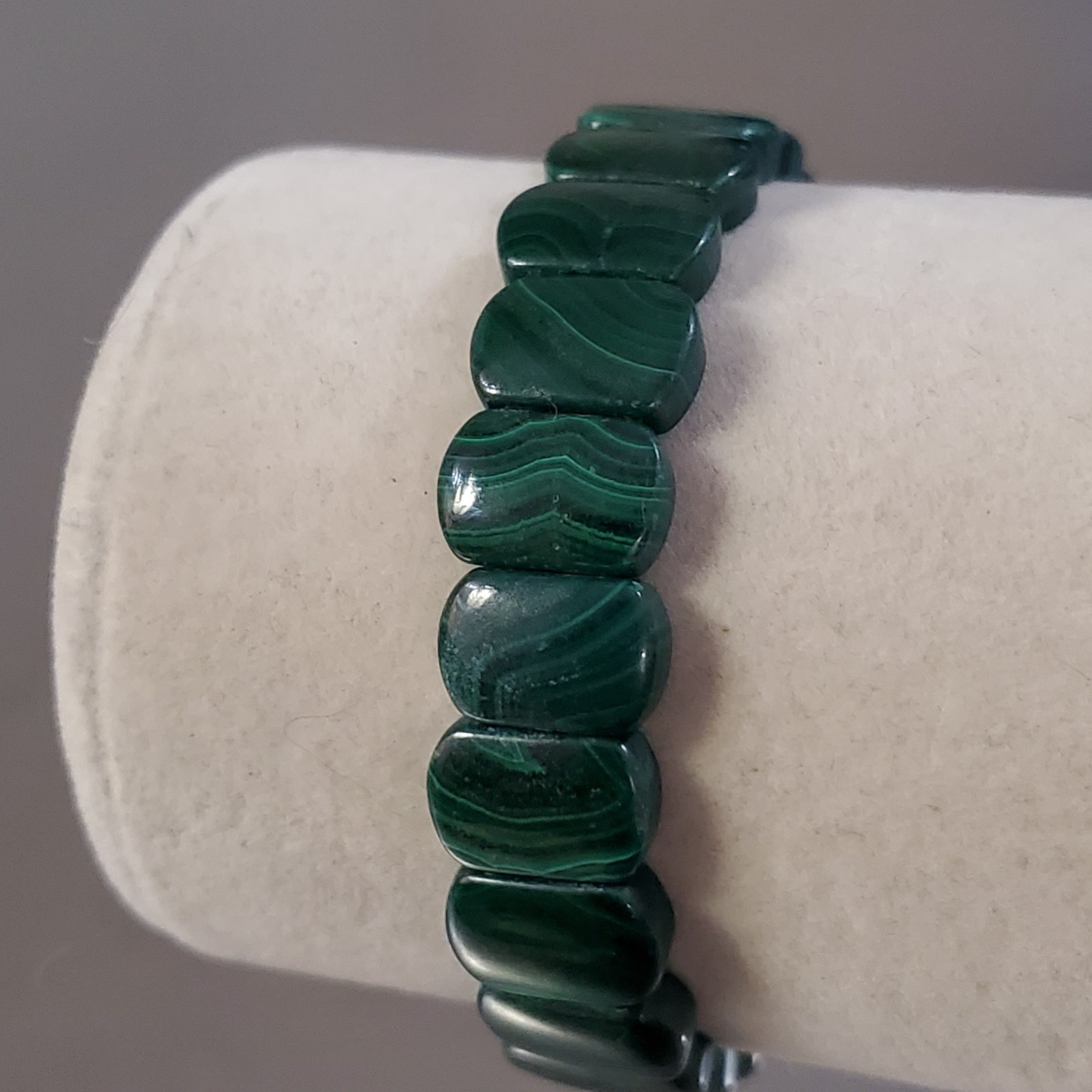 Malachite Bracelet Natural Green Gemstone Rounded Rectangle Bead Stretch 6.5 in