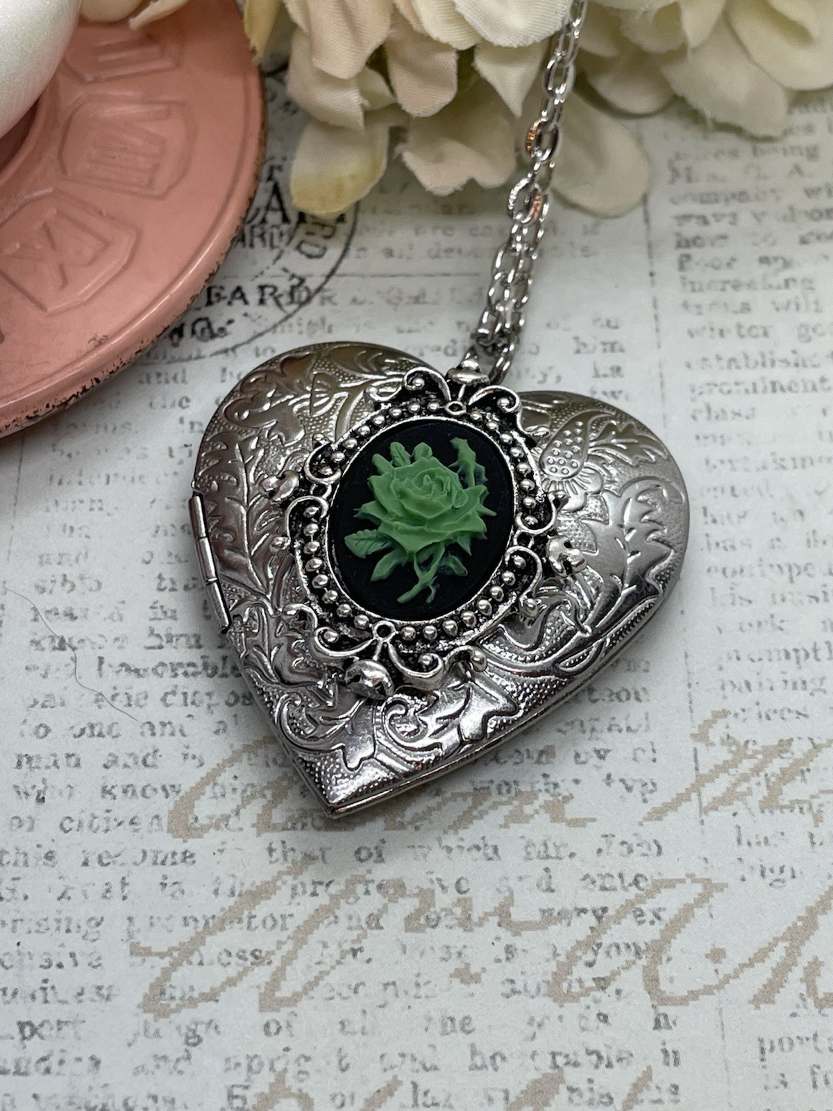 Heart Silver Locket Green Rose Gothic Black Necklace Photo Bride bridal wedding