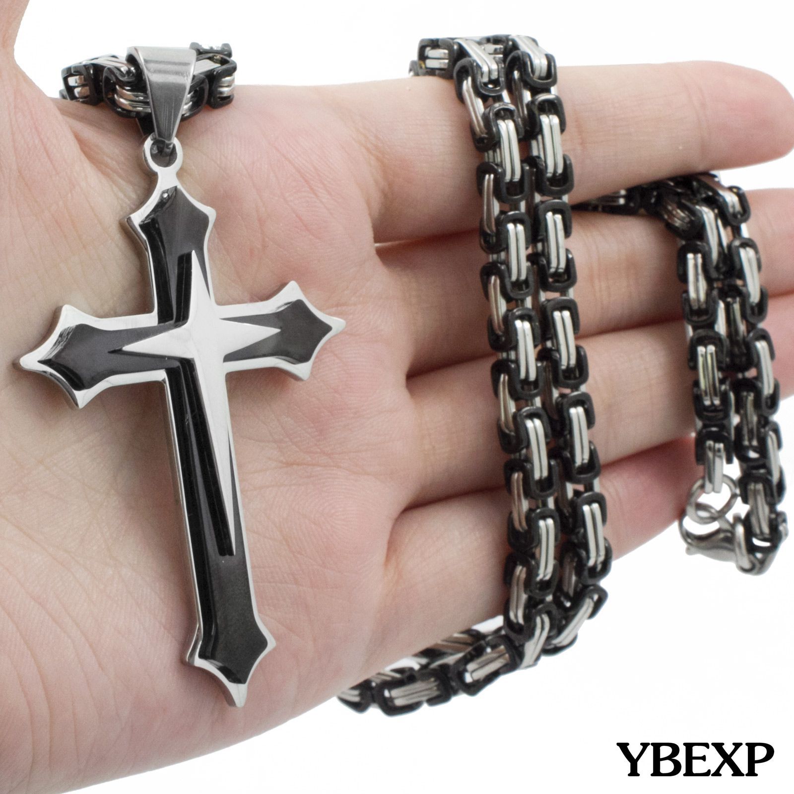 20”-36”Men Stainless Steel Cross Pendant Black Necklace Byzantine Box Necklace