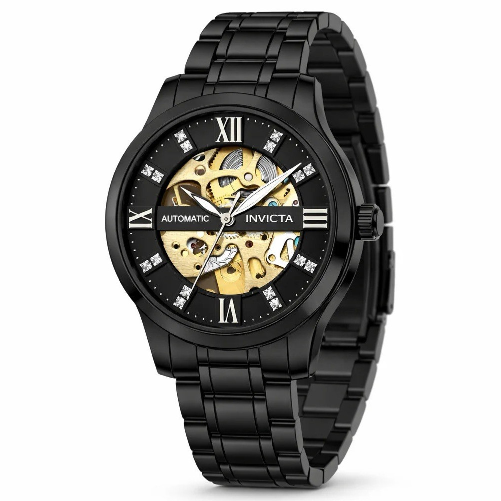 Invicta Automatic Men’s Skeleton Dial Black Metal Bracelet Watch Box Papers