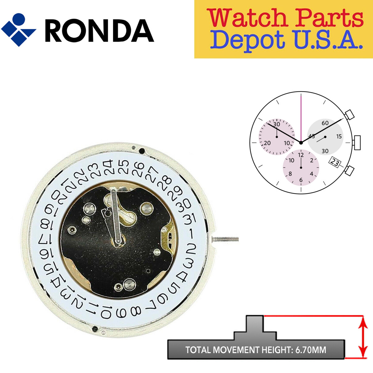 Ronda 5030.D Quartz Chronograph Movement, 3 Hand, Date at 4 (Multiple Variation)
