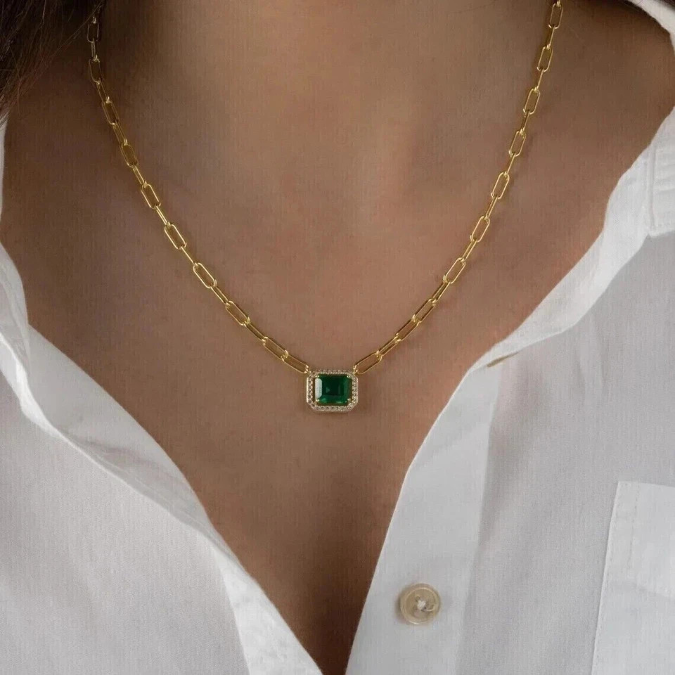 2Ct Lab Created Green Emerald Women’s Paperclip Pendant Necklace 14K Gold Plated