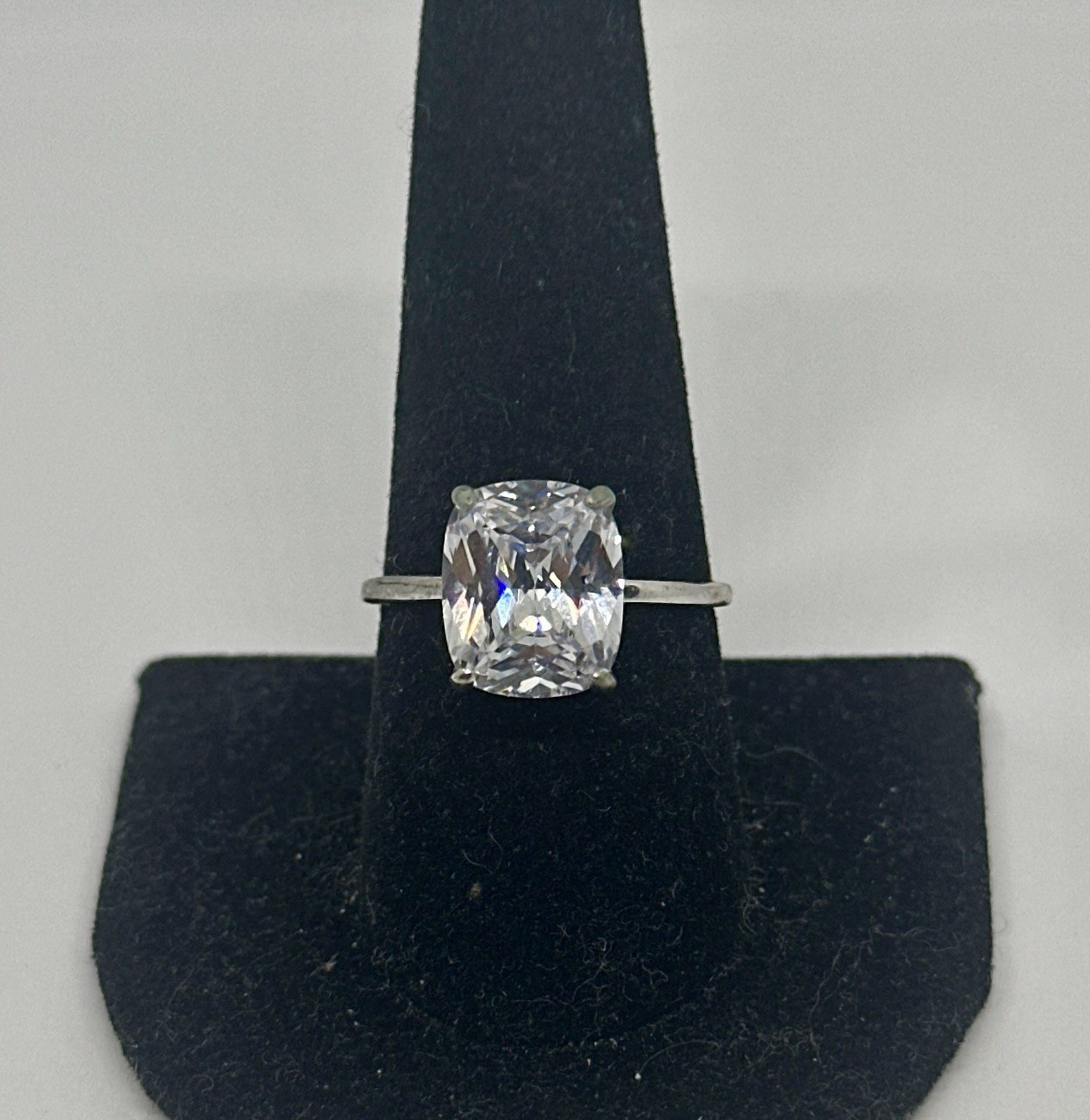 Silver Tone Solitaire Ring Size 9 Cushion Cut Clear Stone Prong Set