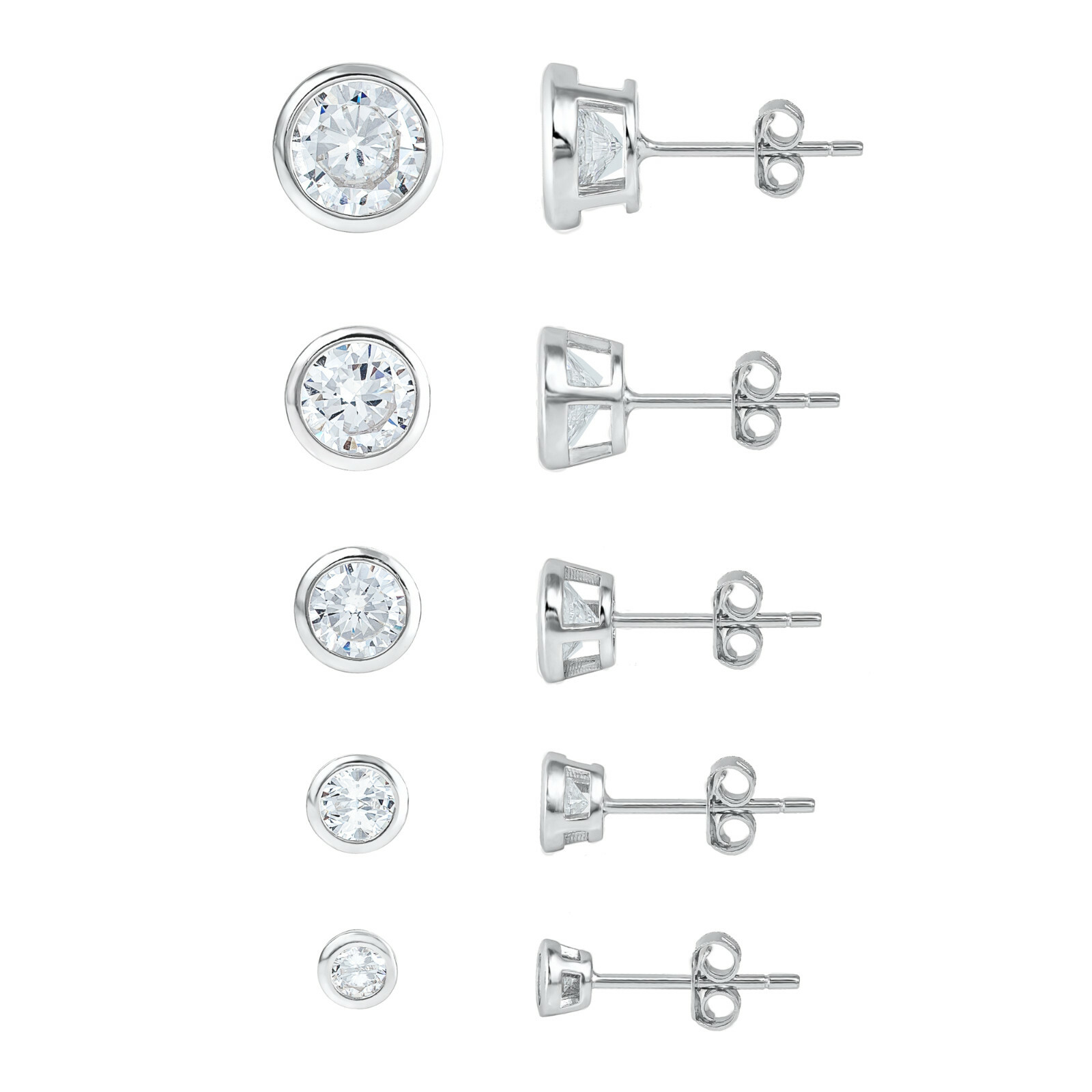 Sterling Silver 925 Silver / Gold Bezel Round CZ Stud Earrings Push Back 3mm-7mm