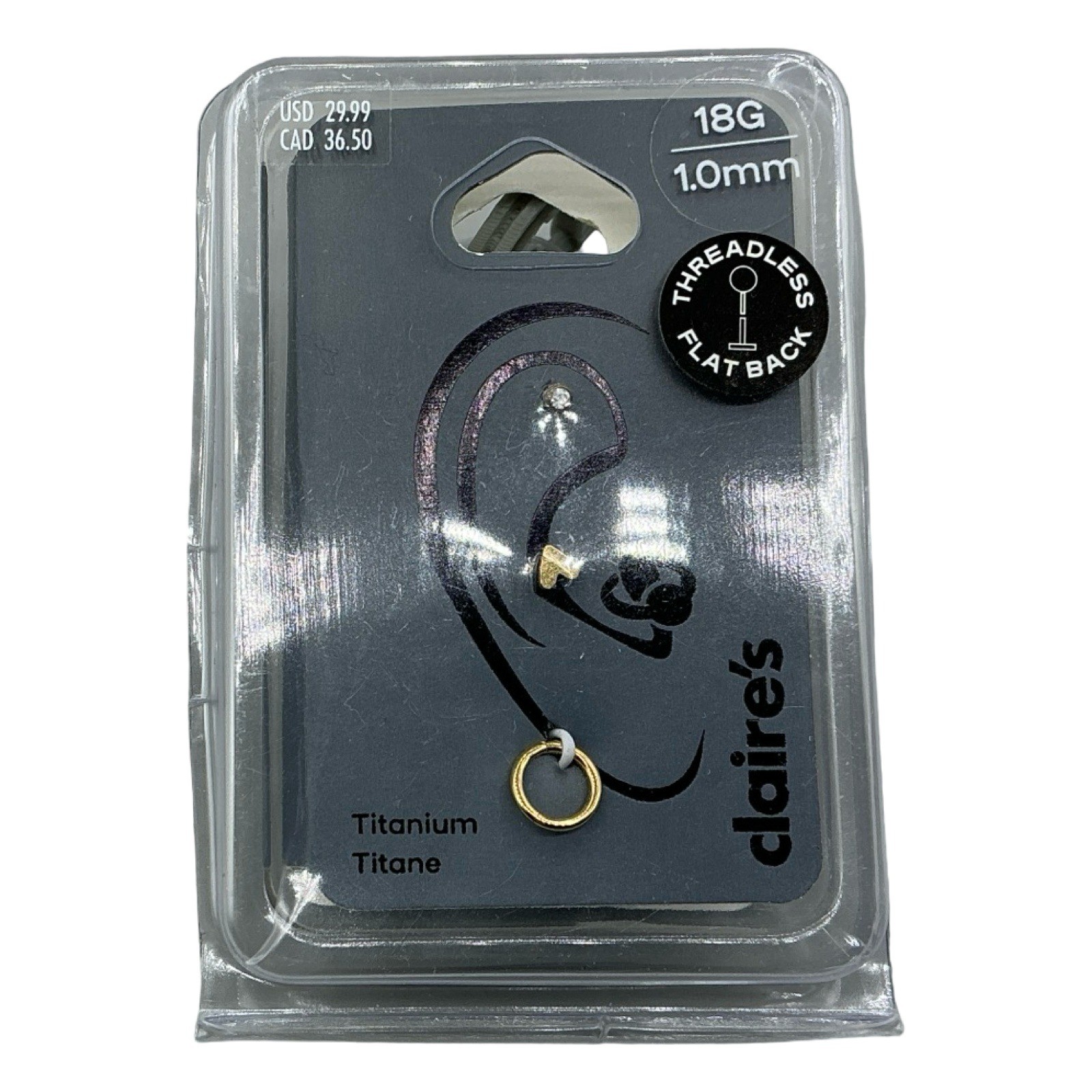 Claires Titanium Ear Piercing Set 18G Threadless Flat Back 3 Piece Gold Tone