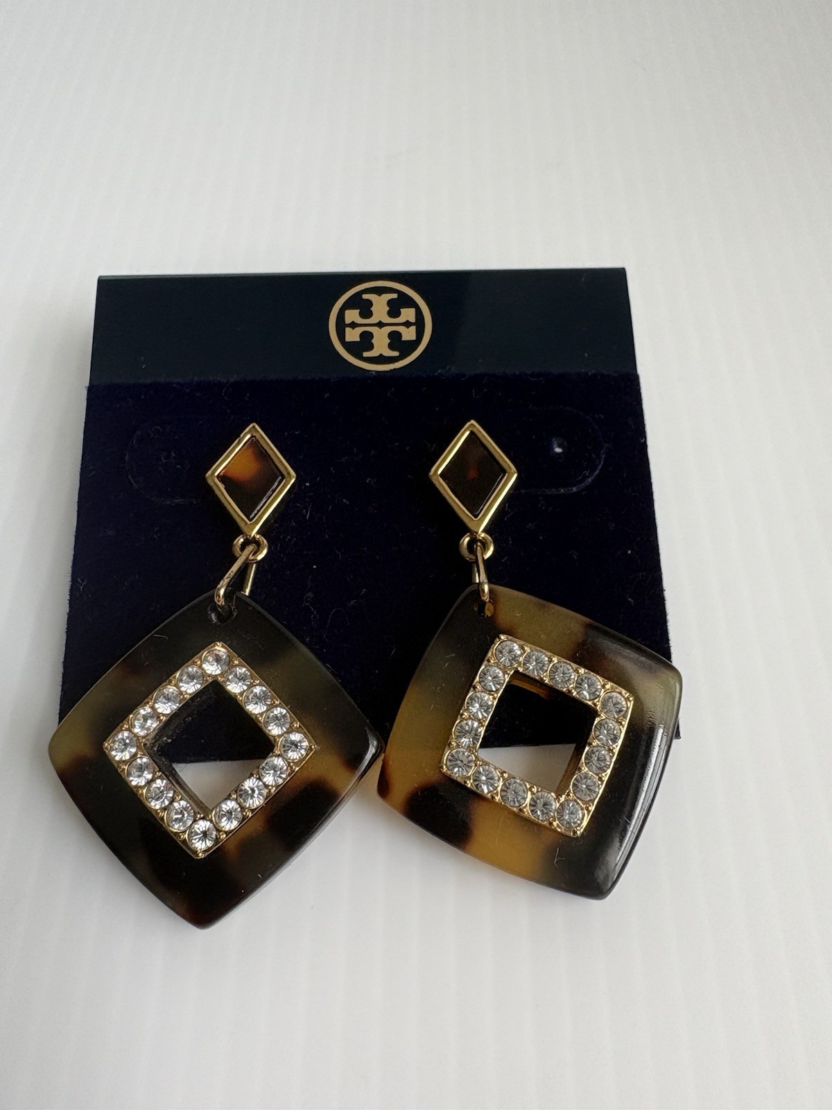 Tory Burch earrings In tortoiseshell square pendant With Crystal Halo NWT