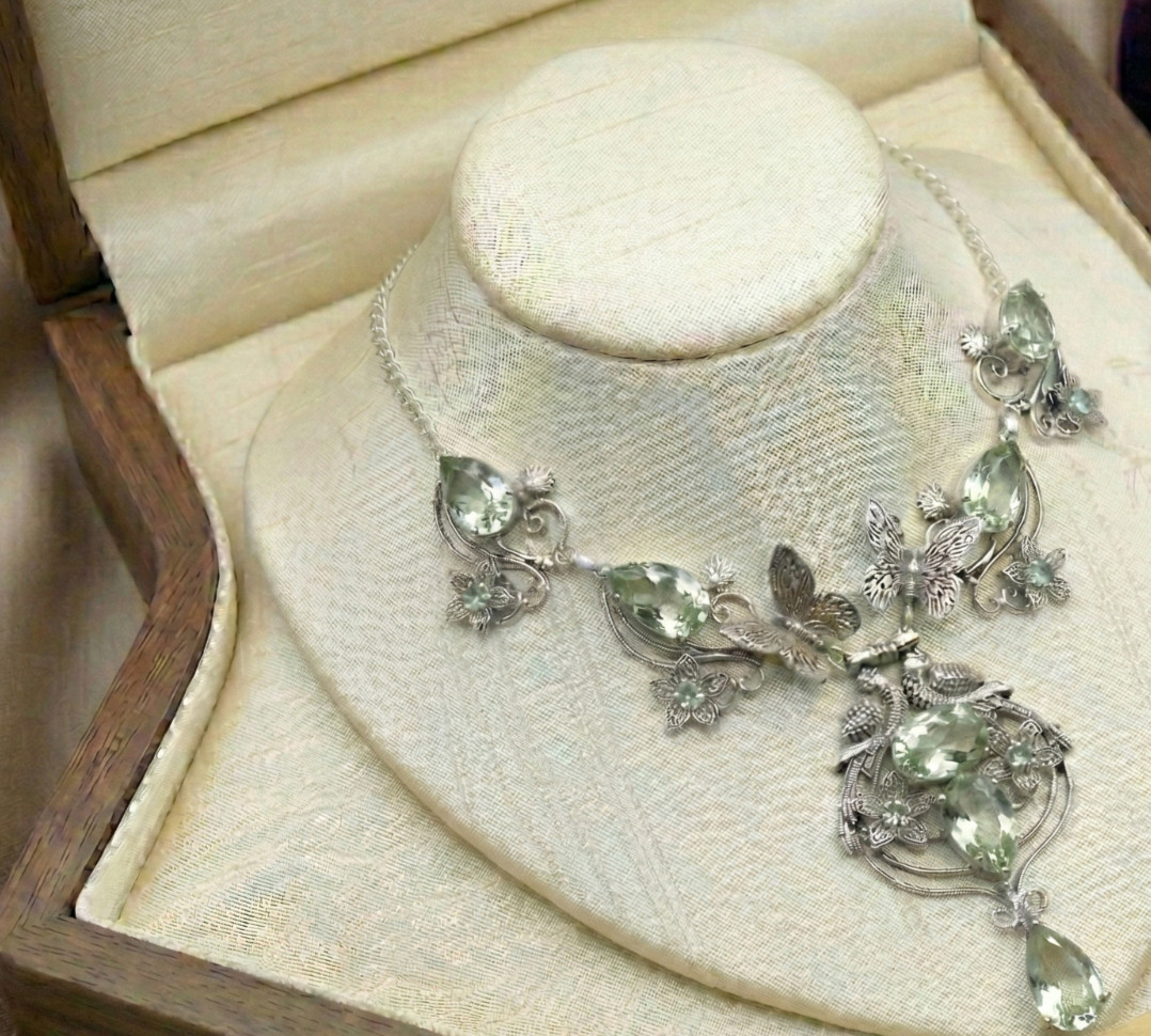 Green Amethyst Gemstone 925 Sterling Silver Vintage Jewelry Necklace ADJ 18″