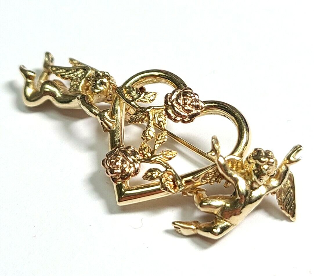 VINTAGE ANGEL 14K SOLID YELLOW & ROSE GOLD PIN BROOCH HEAVEN HEART LOVE