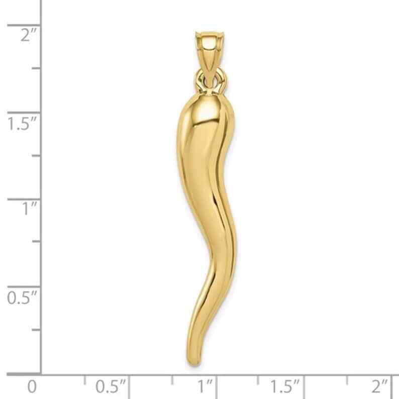 14K REAL GOLD ITALIAN HORN CORNICELLO CHARM 3D PENDANT 2″ LONG -14K6389