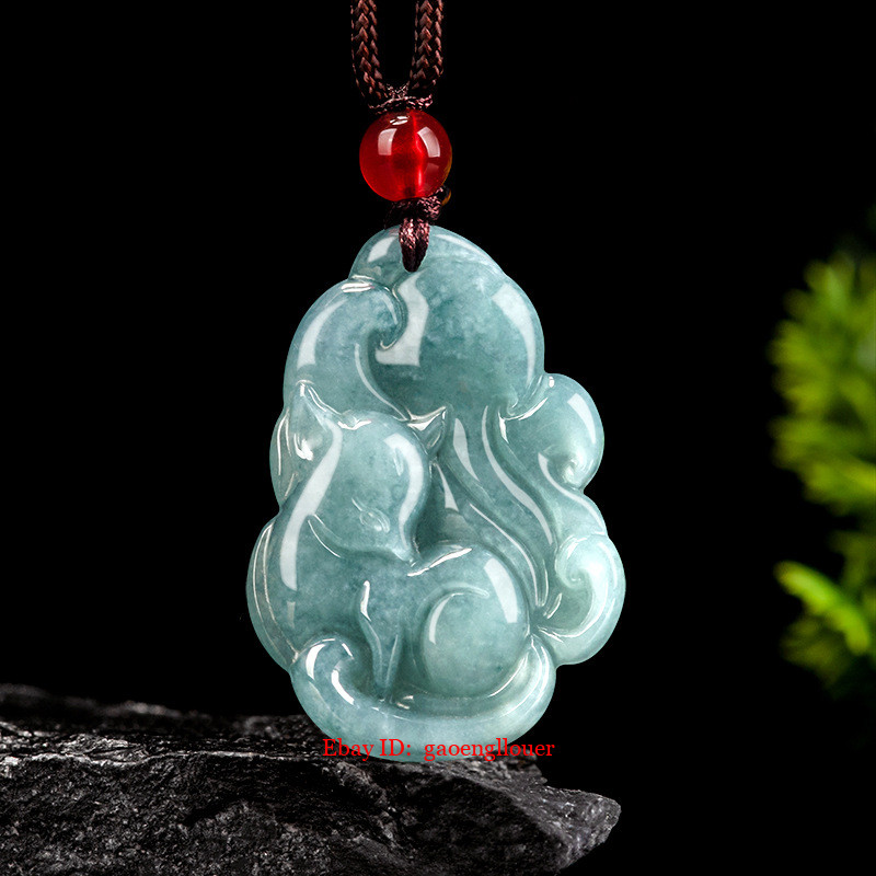 Blue Myanmar Jadeite Fox Pendant Necklace Natural Burmese Jade Real Jewelry