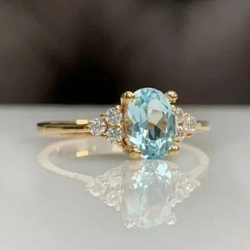 2Ct Oval Cut Simulated Aquamarine Women Engagement Ring 14K Yellow Gold Plated