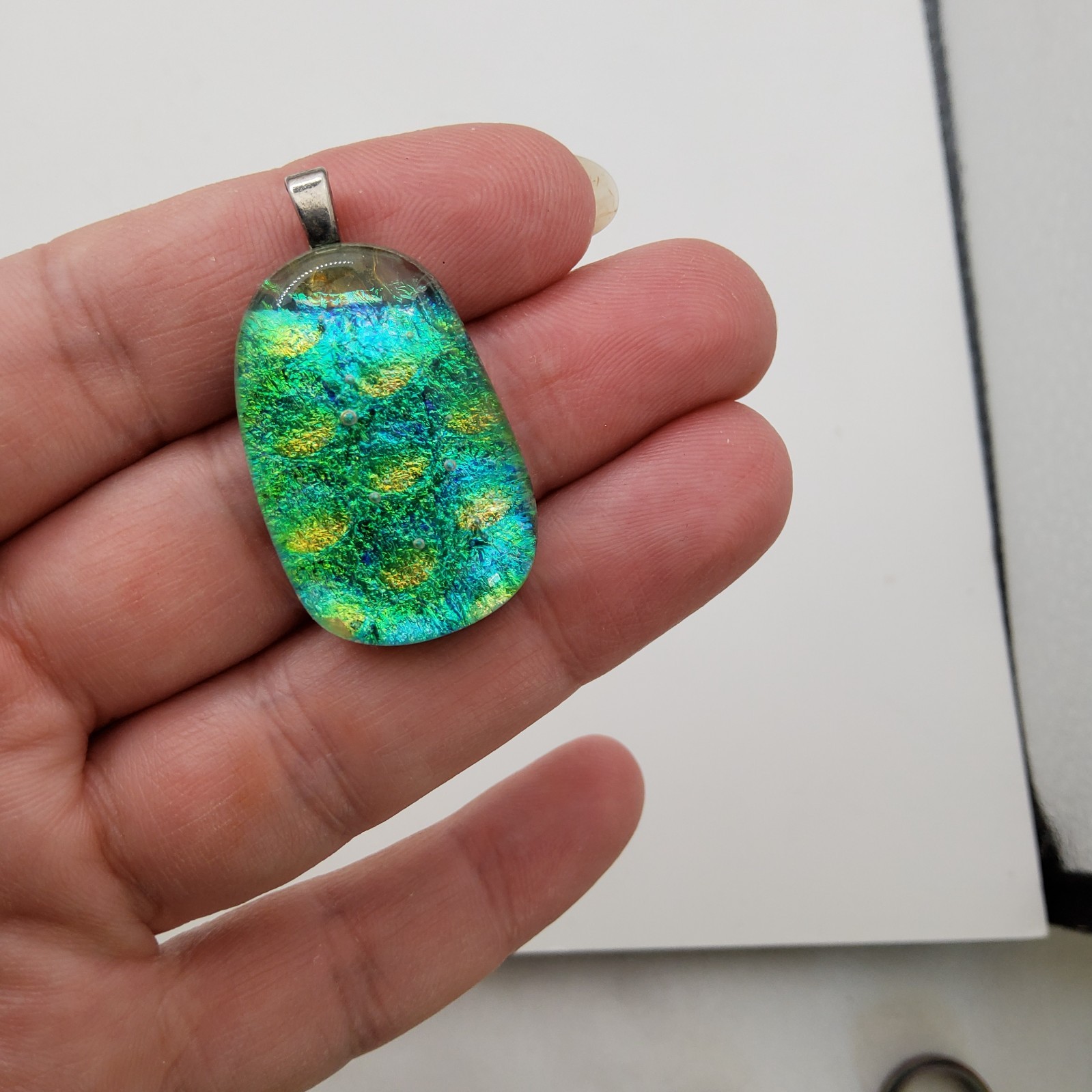 Multicolor Blue Green Gold Dichroic Art Glass Jewelry Pendant