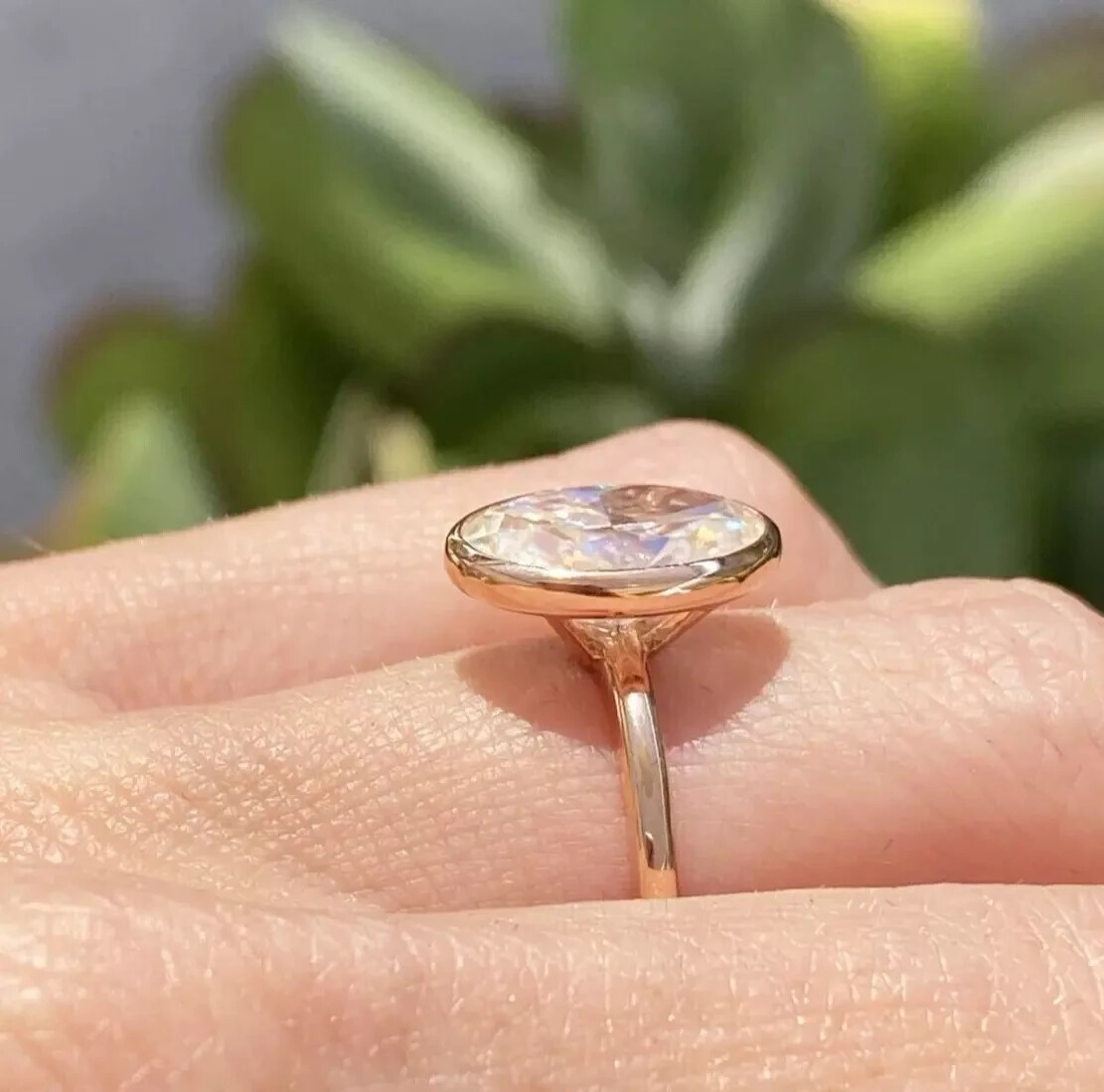 3Ct Oval Cut Lab Created Diamond Bezel Set Wedding Solitaire Ring 14K Gold FN