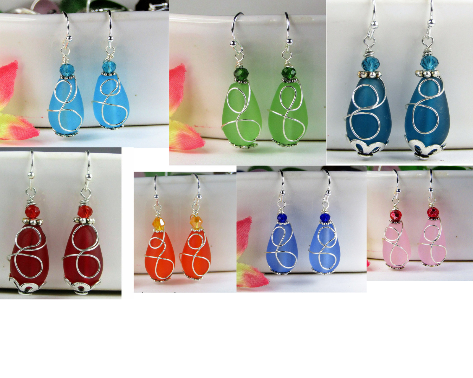 Teardrop-Shaped Frosted Sea Glass Dangle Earrings, Beach Fashion, Sea Jewelry