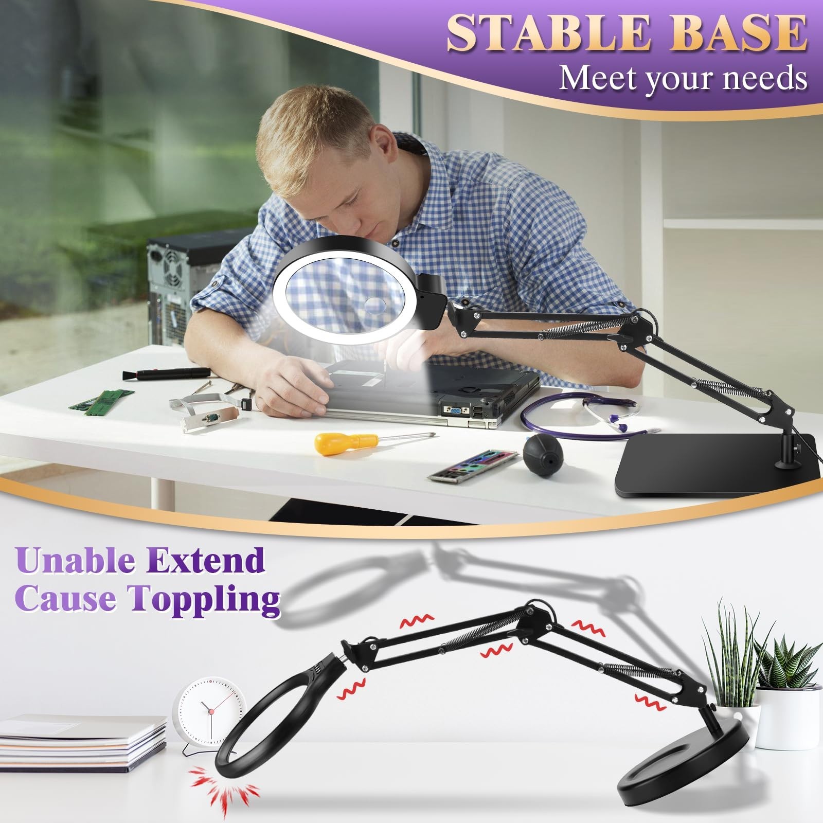 10X 30X Lighted Magnifying Glass with Stand & LED, 5-Inch Dimmable Desk Lamp for