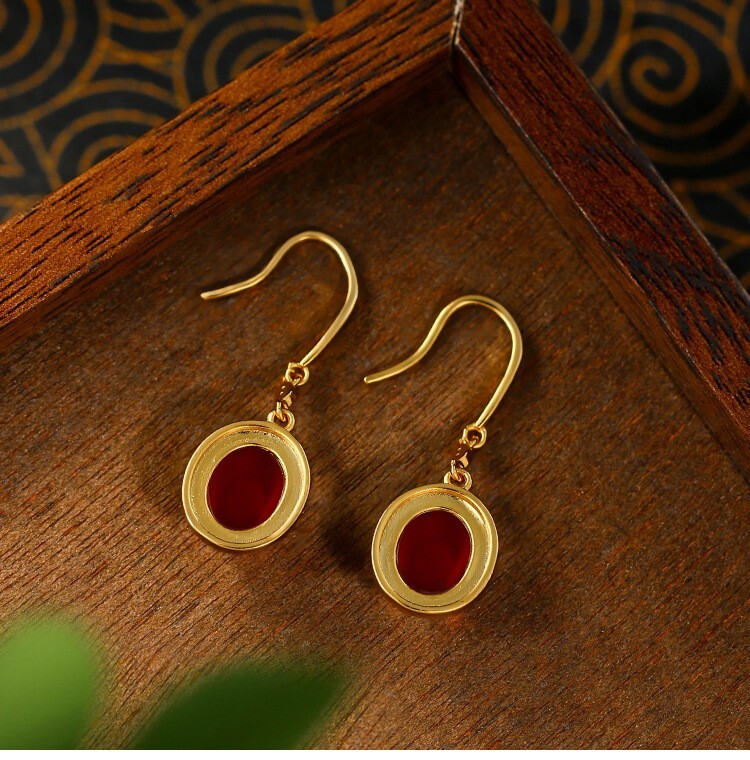 Red Jade Drop Dangle Earrings Gemstone Boho Minimalist Hook 18K Gold Plated