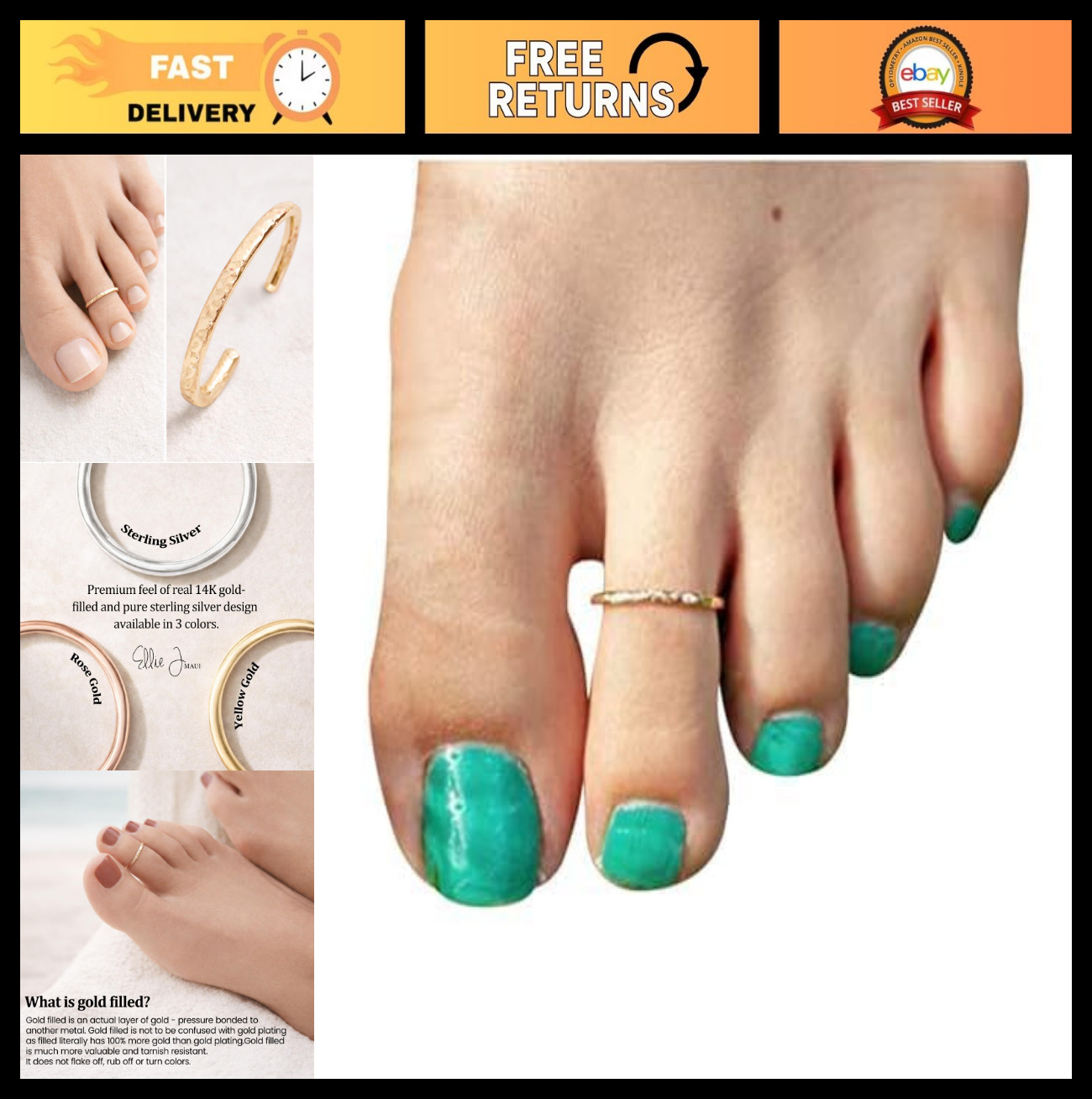 Adjustable 14k Toe Ring for Women – Simple Hammered Band in Silver, Gold, Rose G