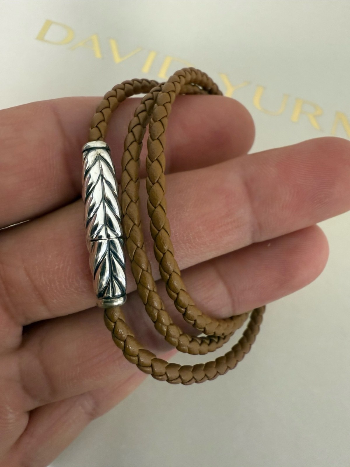 David Yurman Sterling Silver Chevron Triple Wrap Brown Leather Bracelet Small