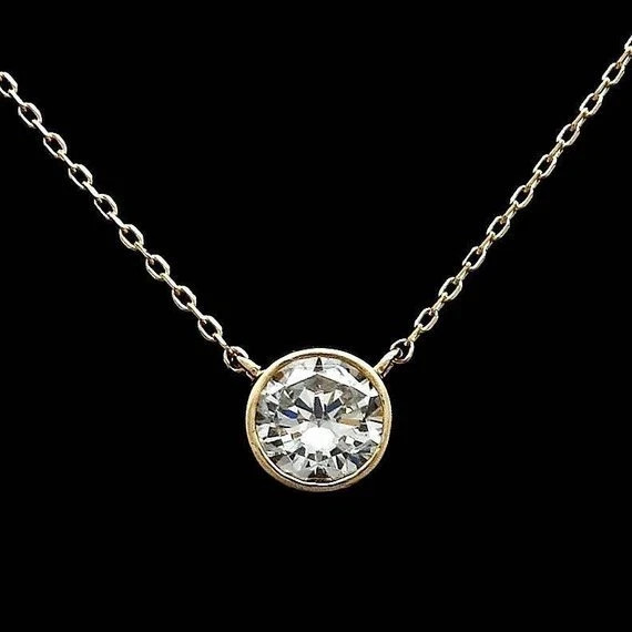 6.5mm Round Bezel Set Real Moissanite Solitaire Necklace 18K Yellow Gold Plated