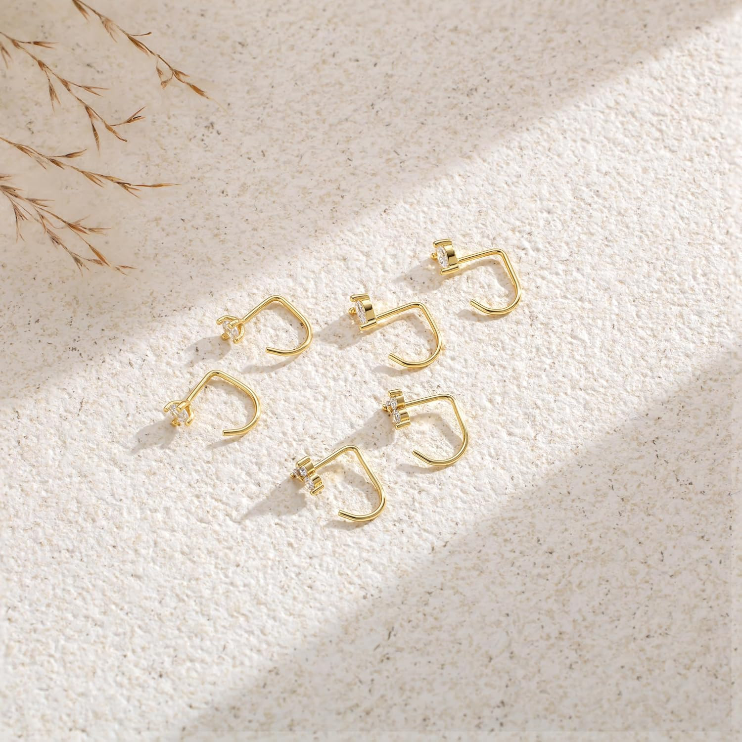 3 Pairs Backless Half Hoop Huggie Earrings,14K Gold Plated Small Open Hoops Earr