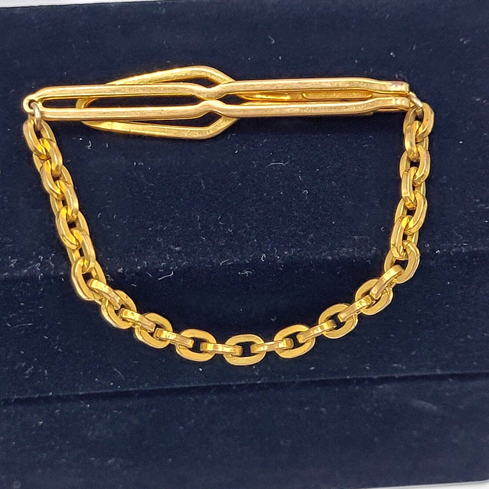 Fancy Dress Formal Vintage Gold Tone Brass Plate Tie Bar Clasp Cable Chain 1930s