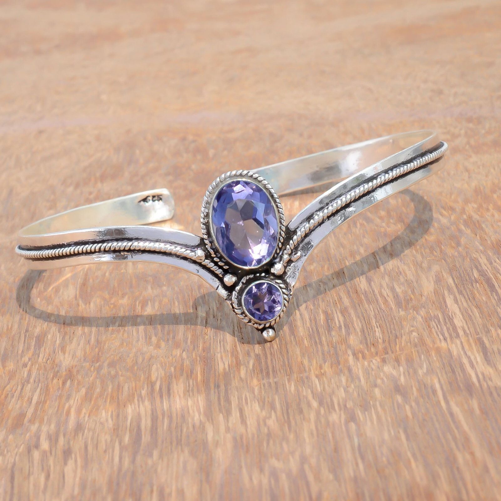 Faceted Amethyst Gemstone 925 Sterling Silver Bangle Cuff Surprise Gift Jewelry
