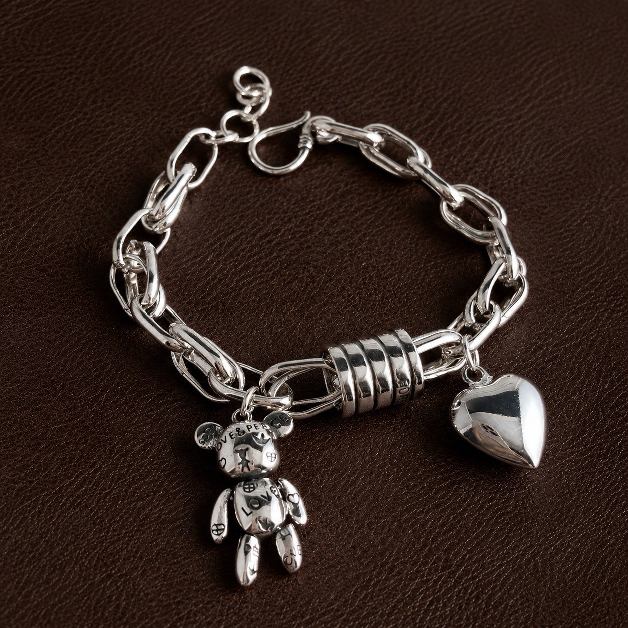 Silver Teddy Bear Heart Charm Bracelet Y2K Tous STYLE Boho Chain Love Peace VTG