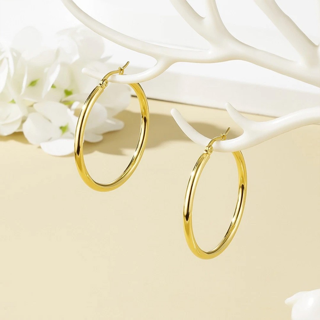 30mm 14K Real Solid Yellow Gold Shiny Polished Round Creole Hoop Earrings Gift
