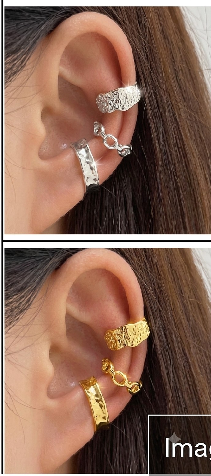 Gold & Silver Tone Textured Metal Cuff & Hoop Earrings Set, Clip-On, No Stone