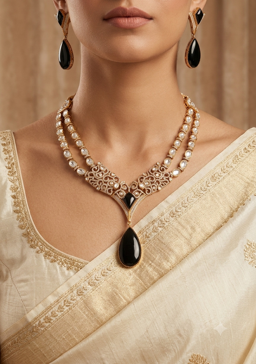 Mehar Indian Bridal Black Onyx Kundan Necklace with Kundan Pendant Roz Jewell