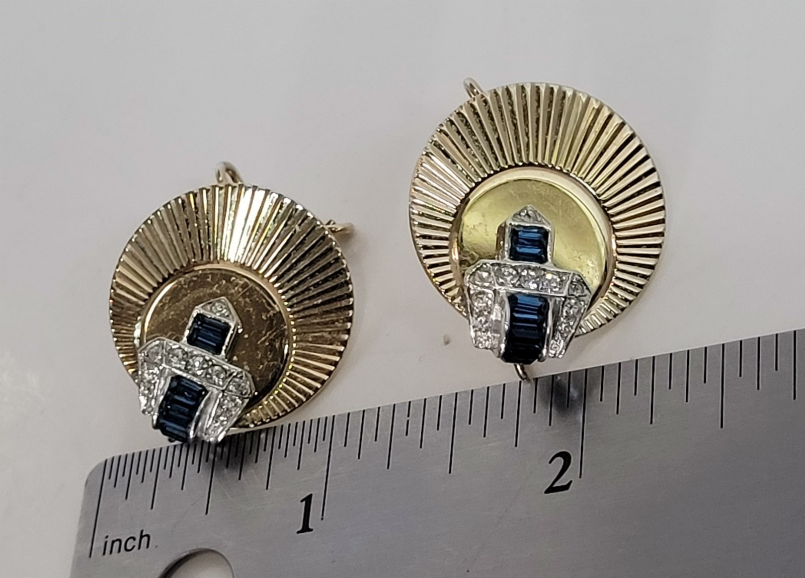 Boucher Rhinestone Earrings blue gold tone wingback vintage