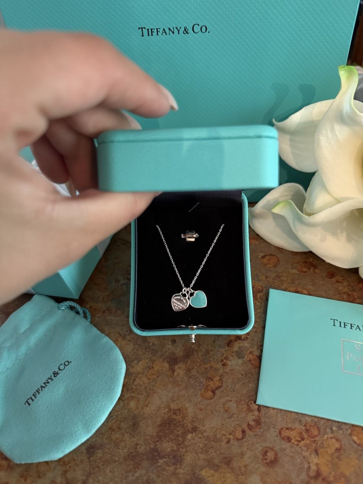 Tiffany & Co. Blue Double Mini Heart Tag Pendant Necklace ( 18” chain )