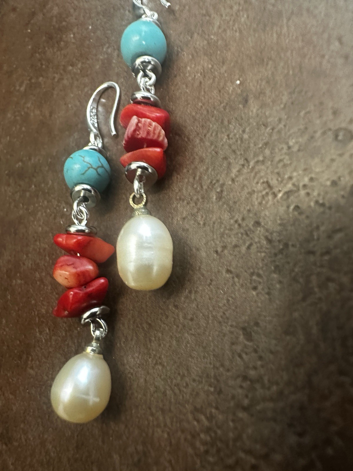 Handmade Turquoise, Red Coral & Pearl Drop Earrings