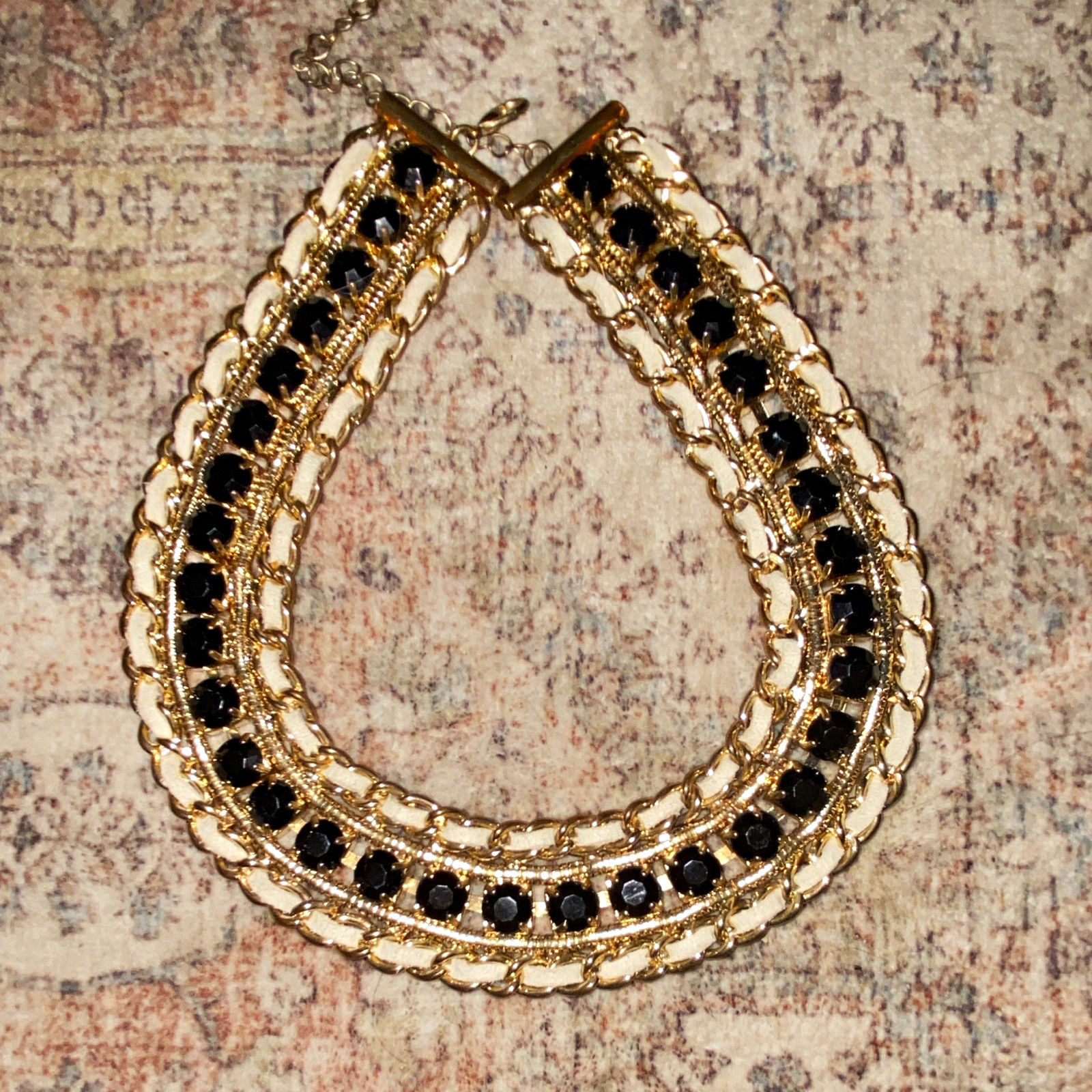Gold Tone Black Bead Accents Statement Collar Necklace, Asymmetrical Pendant