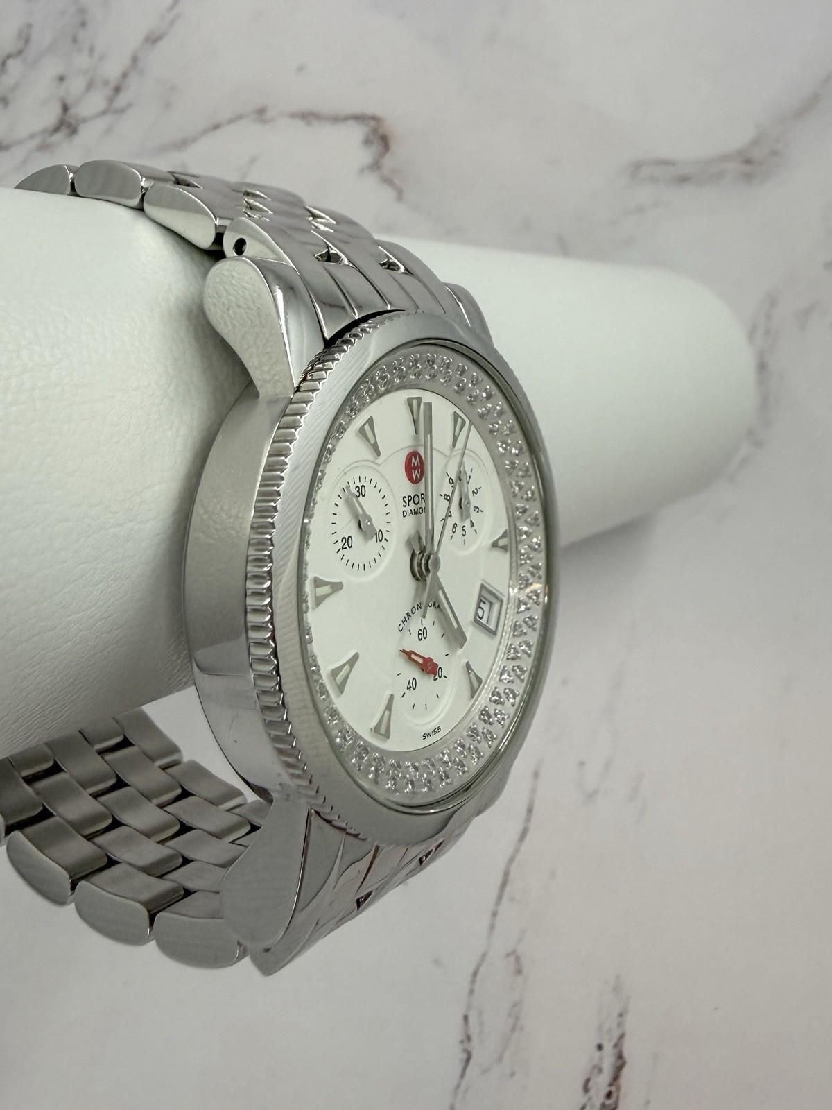 MICHELE Sport Diamond Chronograph Watch 71-5250 Stainless Steel 38mm Tested