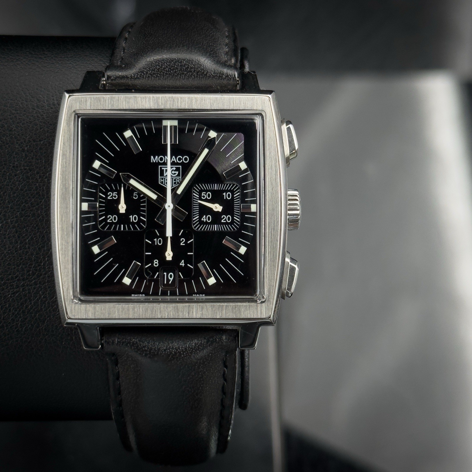Tag Heuer MONACO Black Dial Chronograph CW2111 Stainless Steel Leather Strap