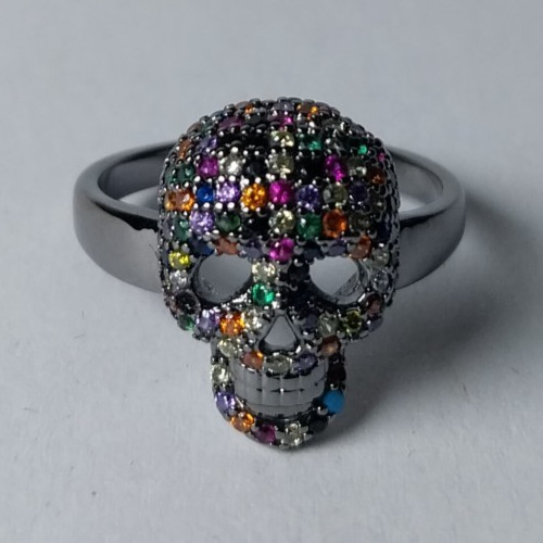 Gothic Skeleton Skull Ring Multi-Color Crystal Black Gunmetal Tone Finish Size 7