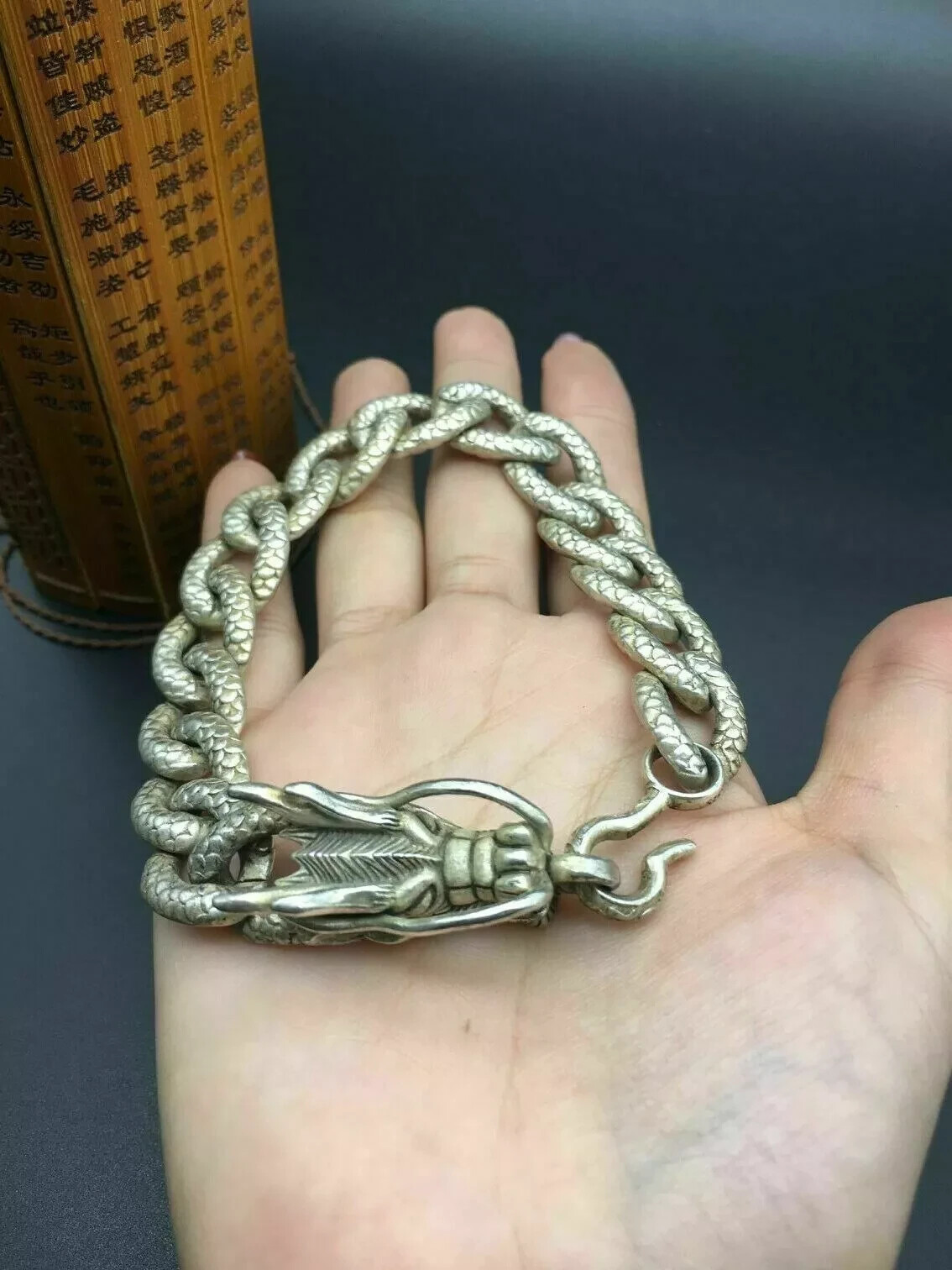 Asian old miao silver hand cast cool statue bracelet jewel gift