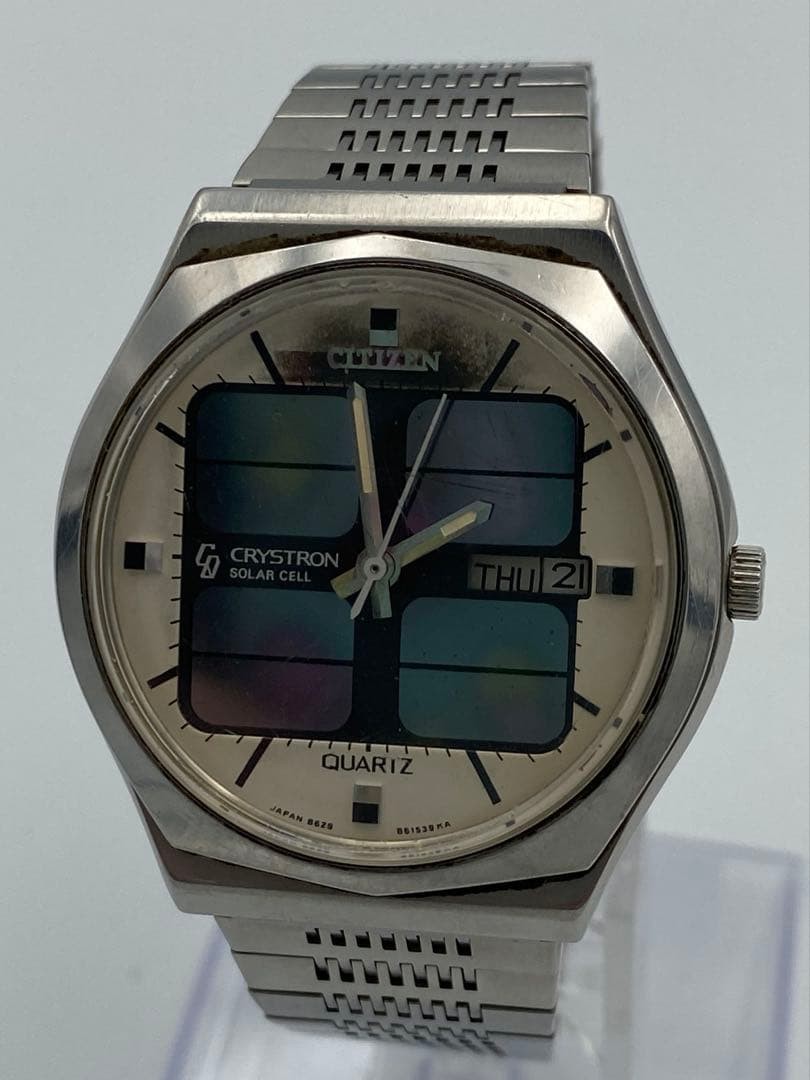 Junk Not Working CITIZEN Crystron Solar Cell Quartz White Dial 1976 Stainless