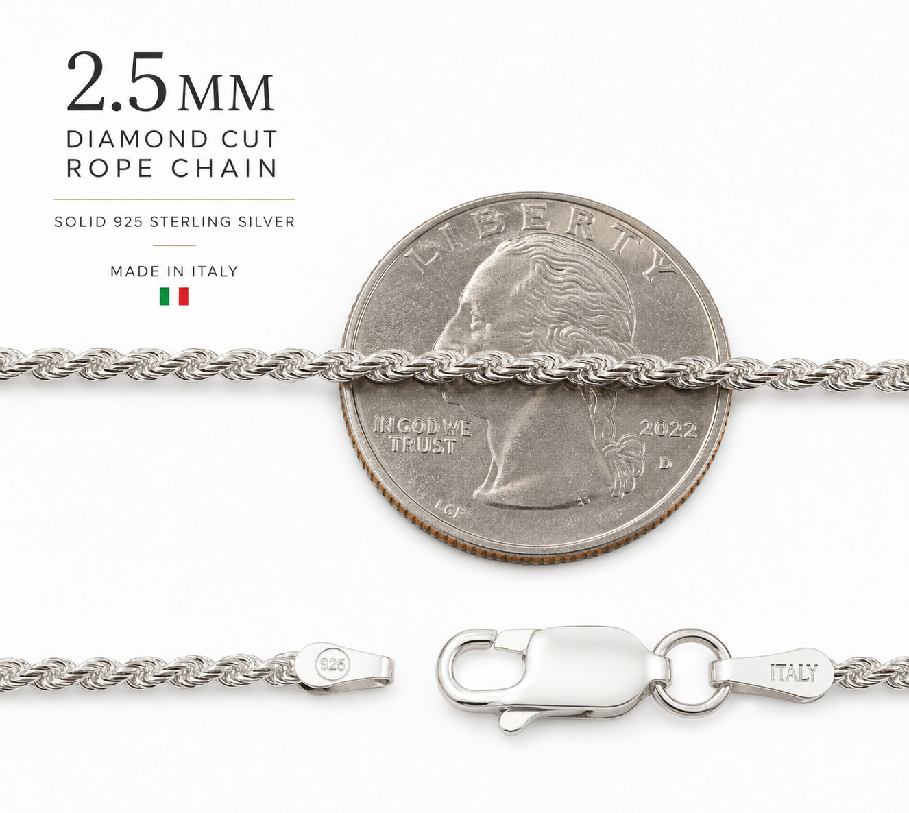 2.5MM Solid 925 Sterling Silver Italian DIAMOND CUT ROPE CHAIN Necklace Italy