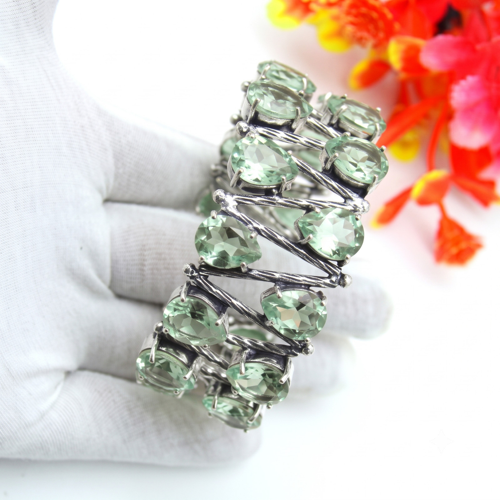 Green Amethyst Gemstone Handmade 925 Sterling Silver Cuff Bracelet Jewelry 8″