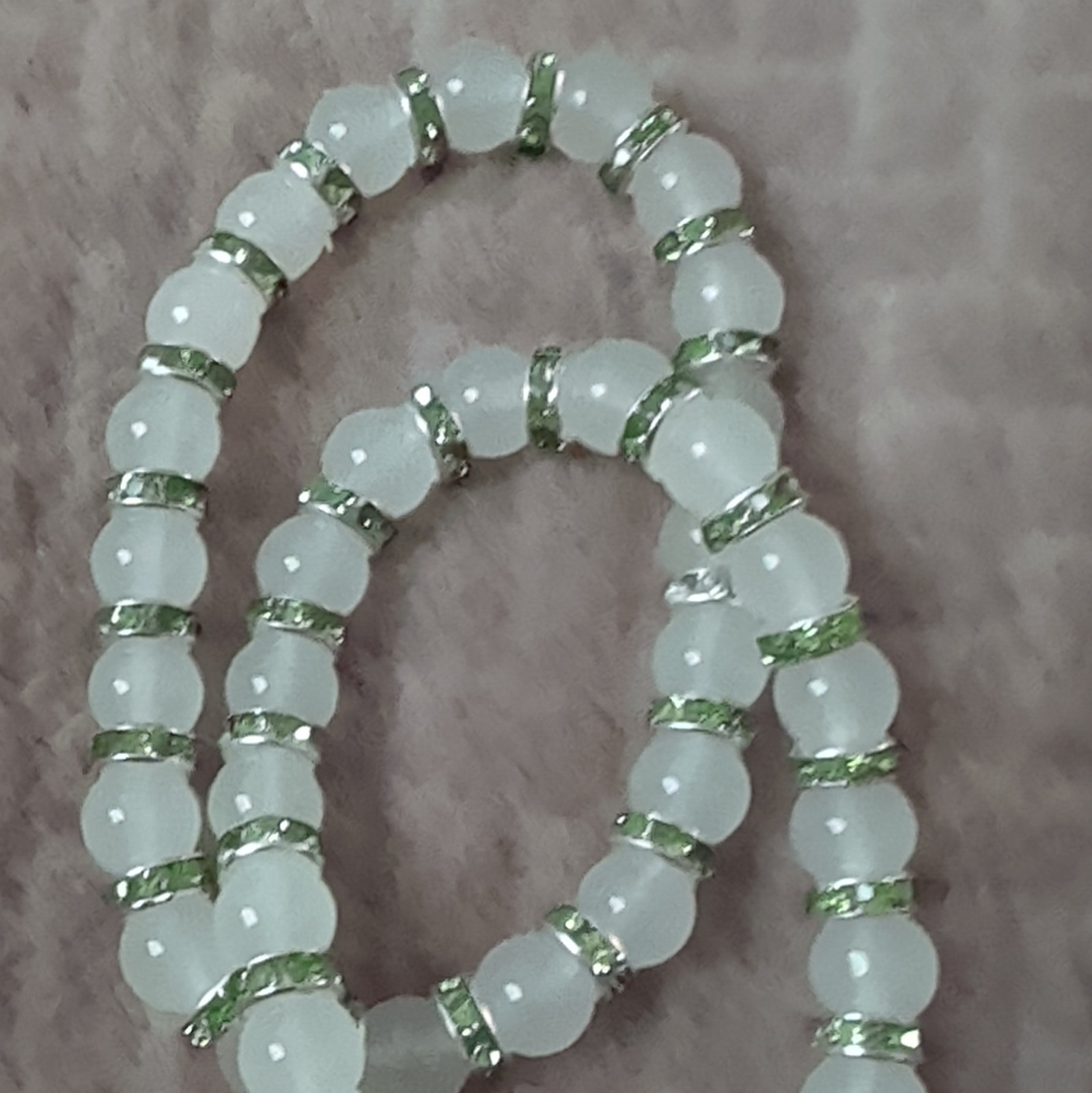 White/Green Round Beaded Stretch Bracelet w/ Green Rhinestone Spacer Rings
