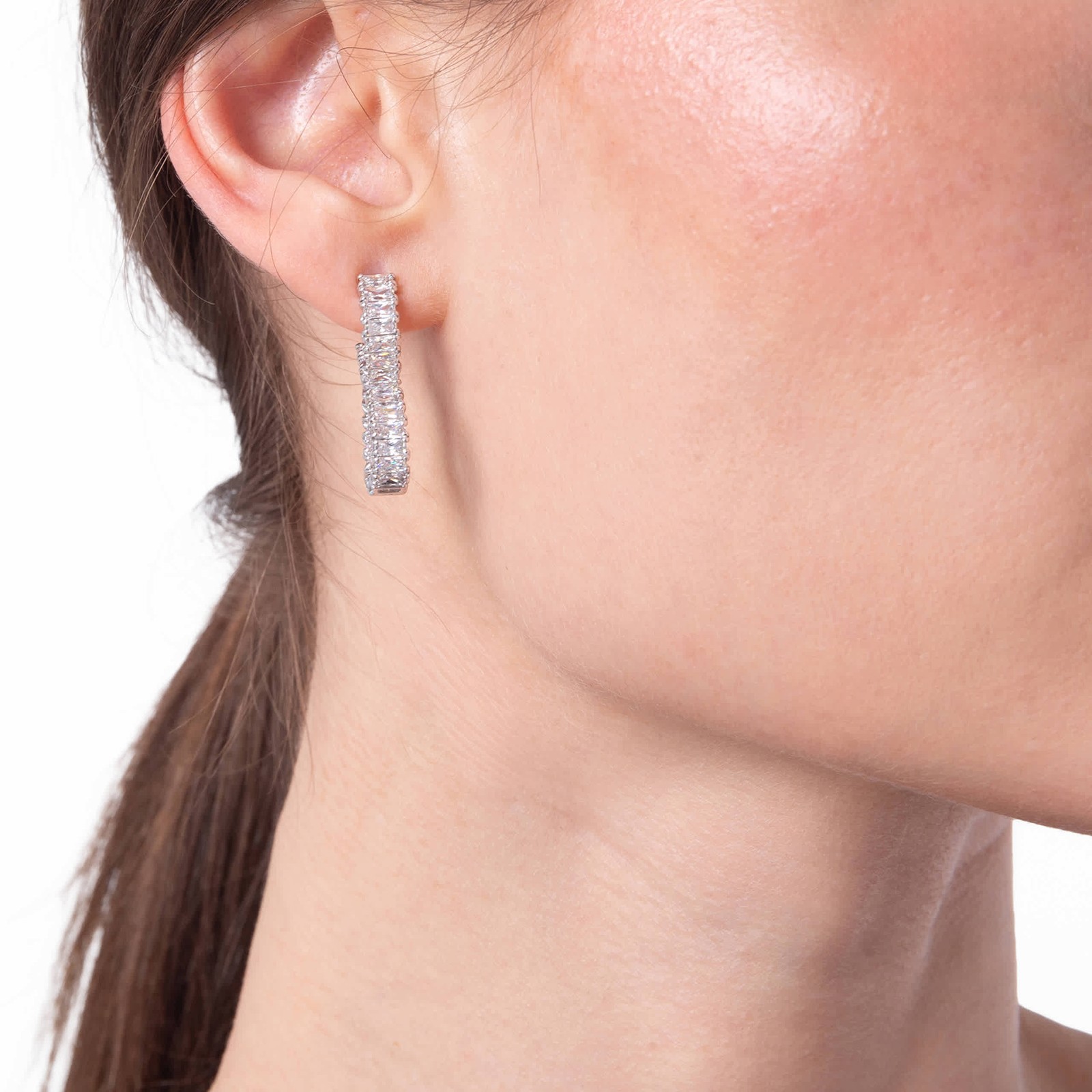 Swarovski Hyperbola Pierced Earrings Hoop Twist Rhodium Shiny White